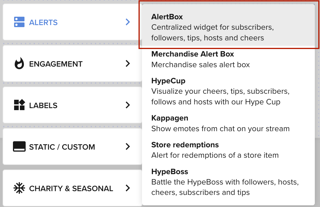 The overlay widget menu with Alerts expanded and AlertBox highlighted.