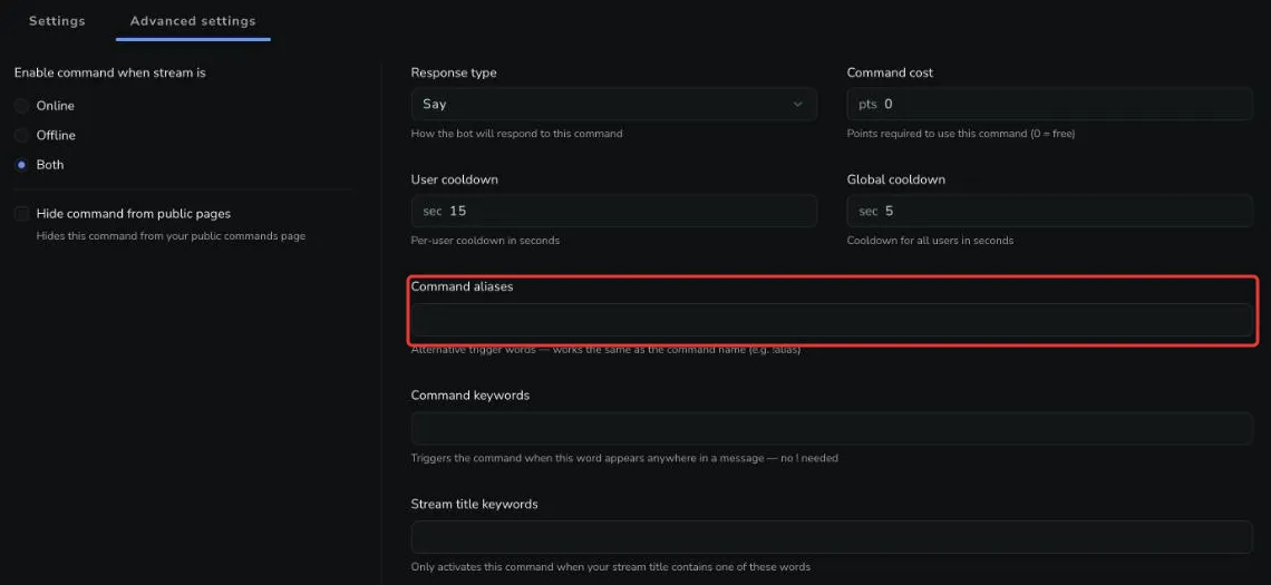 Advanced settings The Advanced settings tab with the Command aliases field highlighted