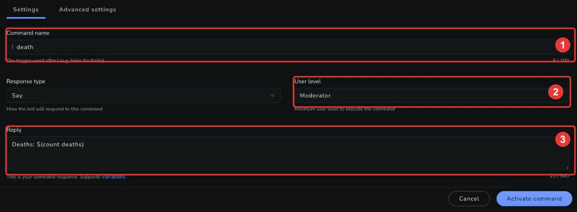 The !death command The command settings with the death command name, Moderator user level, and reply highlighted
