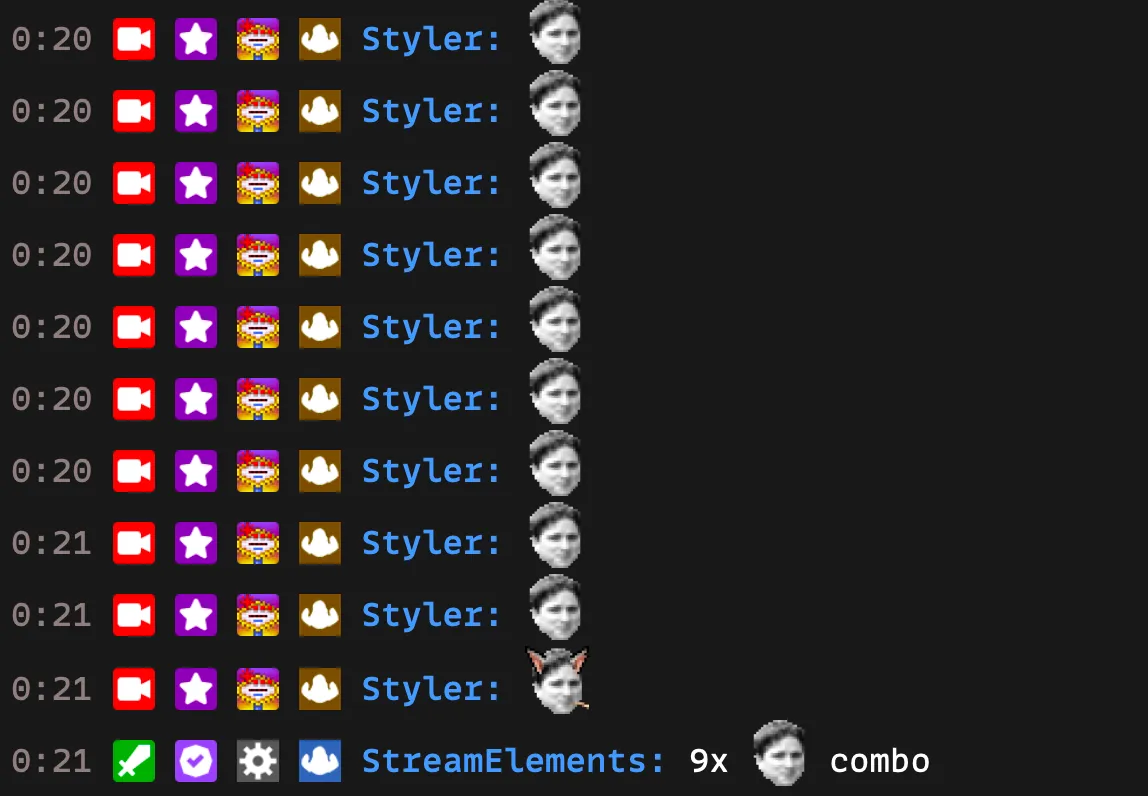 Chat screenshot of a viewer sending the same emote ten messages in a row; when a different emote breaks the chain, the StreamElements bot announces a 9x emote combo.