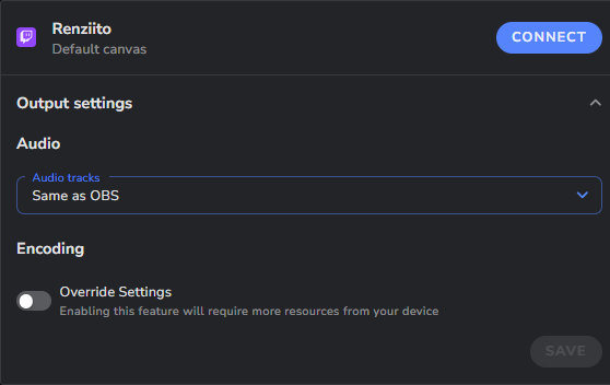 A Twitch output with a Connect button and Output settings expanded to show the Audio tracks dropdown.