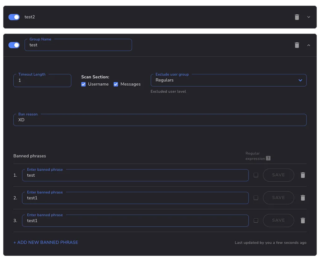 Banned Words filter configuration showing a group with its name, timeout length, excluded user group, ban reason, and a list of banned phrases, each with a regular expression checkbox.