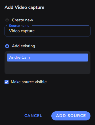 Add Video capture dialog with Add existing selected, a camera source selected, and Make source visible checked.