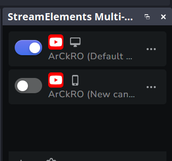 SE.Live Multistream dock with the horizontal YouTube output turned on and the vertical YouTube output turned off.
