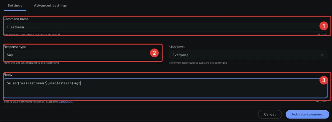 Command settings The command settings filled in with a name, response type, and reply