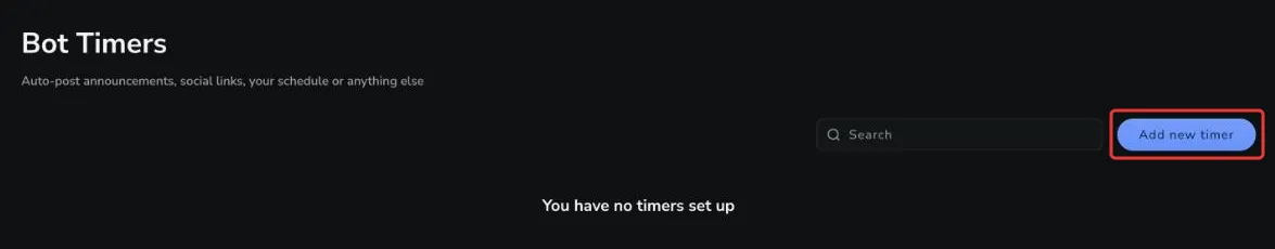 Add new timer The Bot Timers page with the Add new timer button highlighted