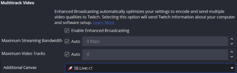 Multitrack Video settings with Enhanced Broadcasting enabled and SE.Live: c1 selected as the additional canvas.