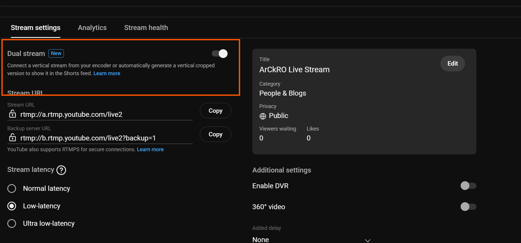 YouTube Studio Stream settings tab with the Dual stream toggle turned on.