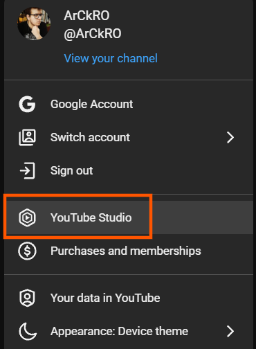 YouTube profile menu with YouTube Studio highlighted.