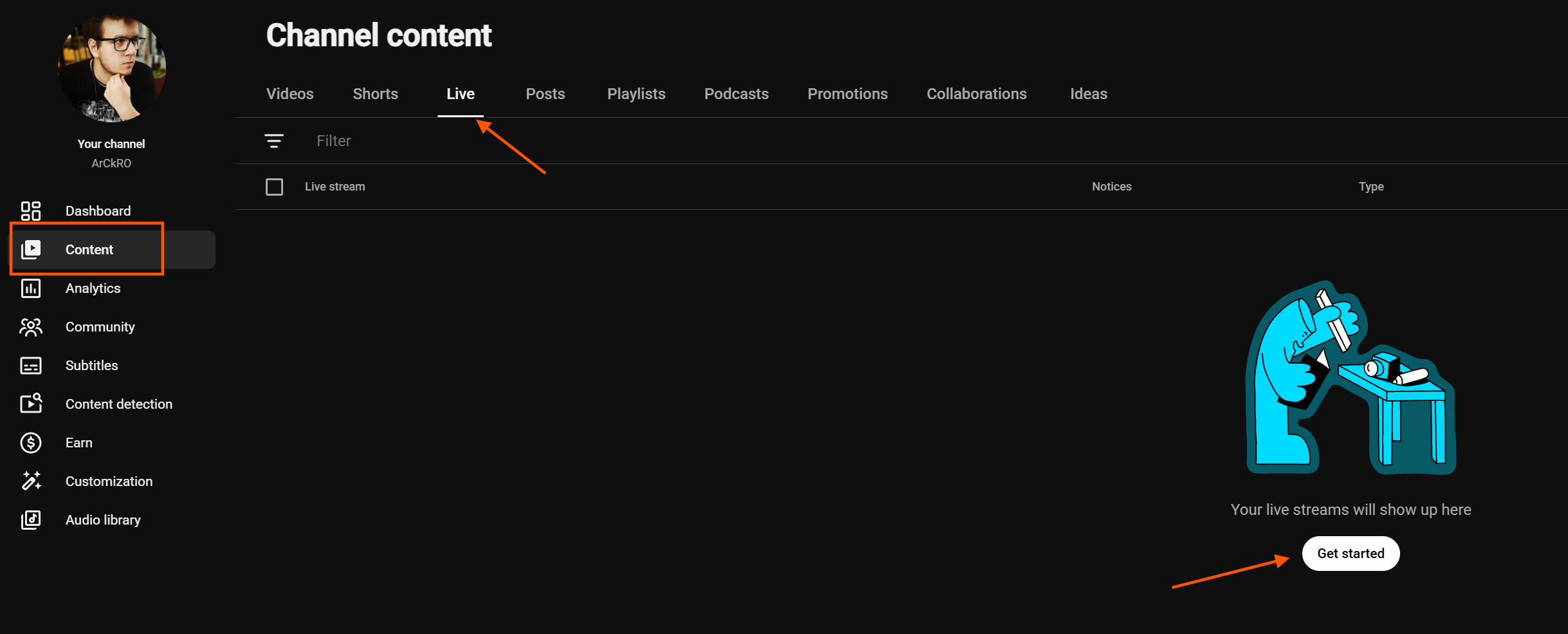 YouTube Studio channel content page with Content in the sidebar, the Live tab, and the Get started button highlighted.