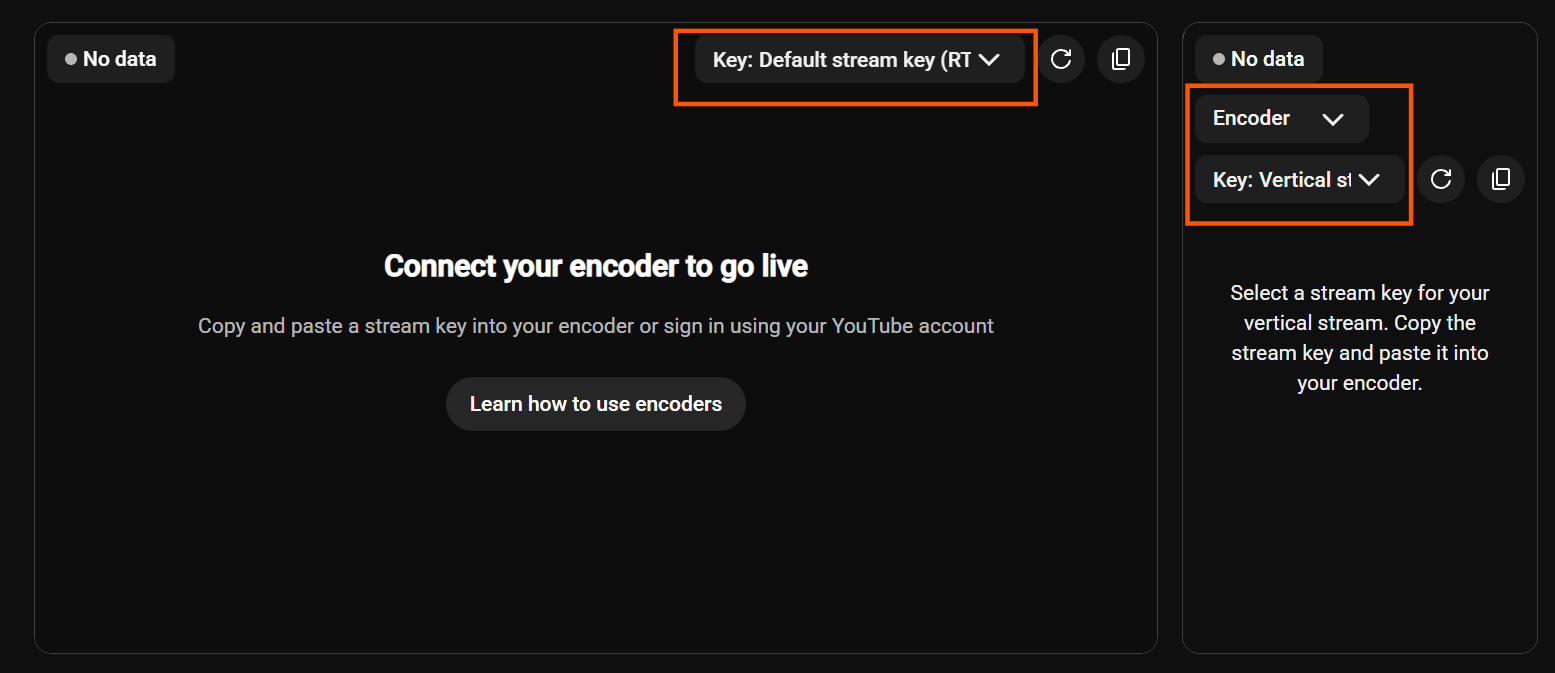 YouTube Studio live control room with the default stream key for the horizontal stream and the Encoder and vertical stream key selectors for the vertical stream highlighted.