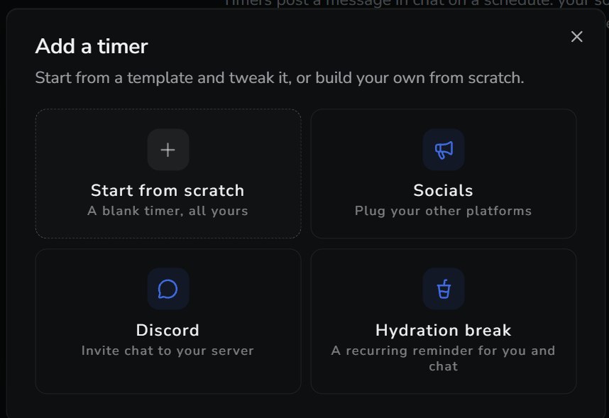 Add a timer dialog with Socials, Discord, and Hydration break templates