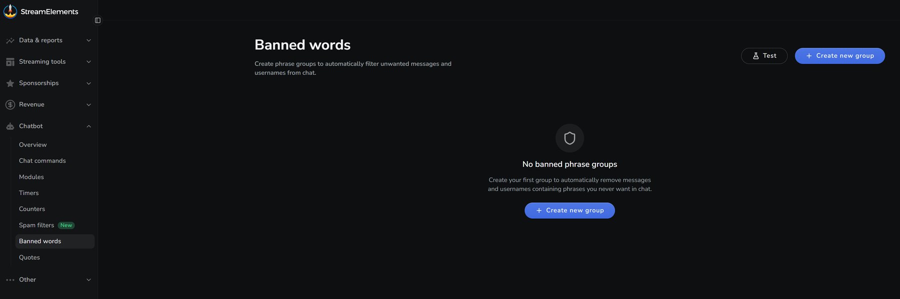 Banned words page with phrase groups