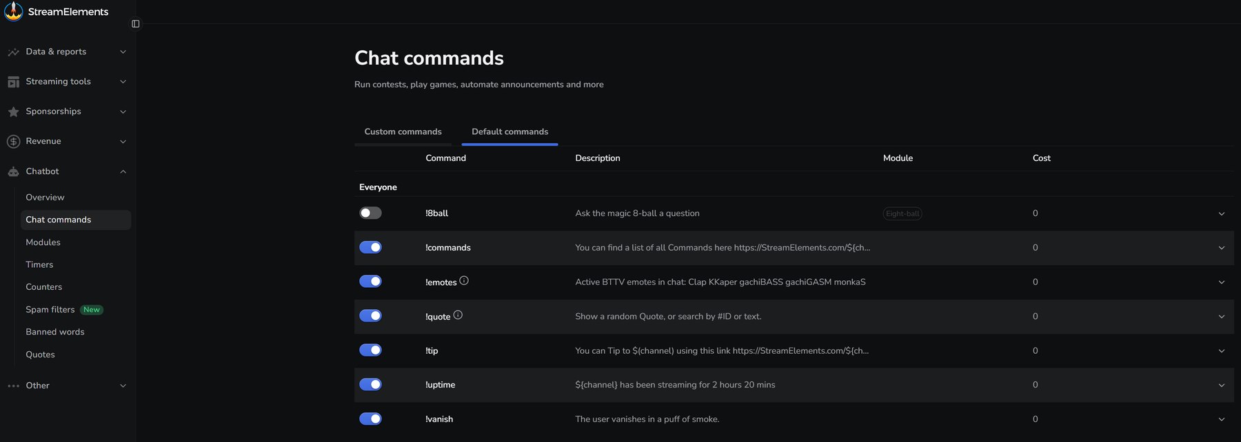 Chat commands page showing Default commands