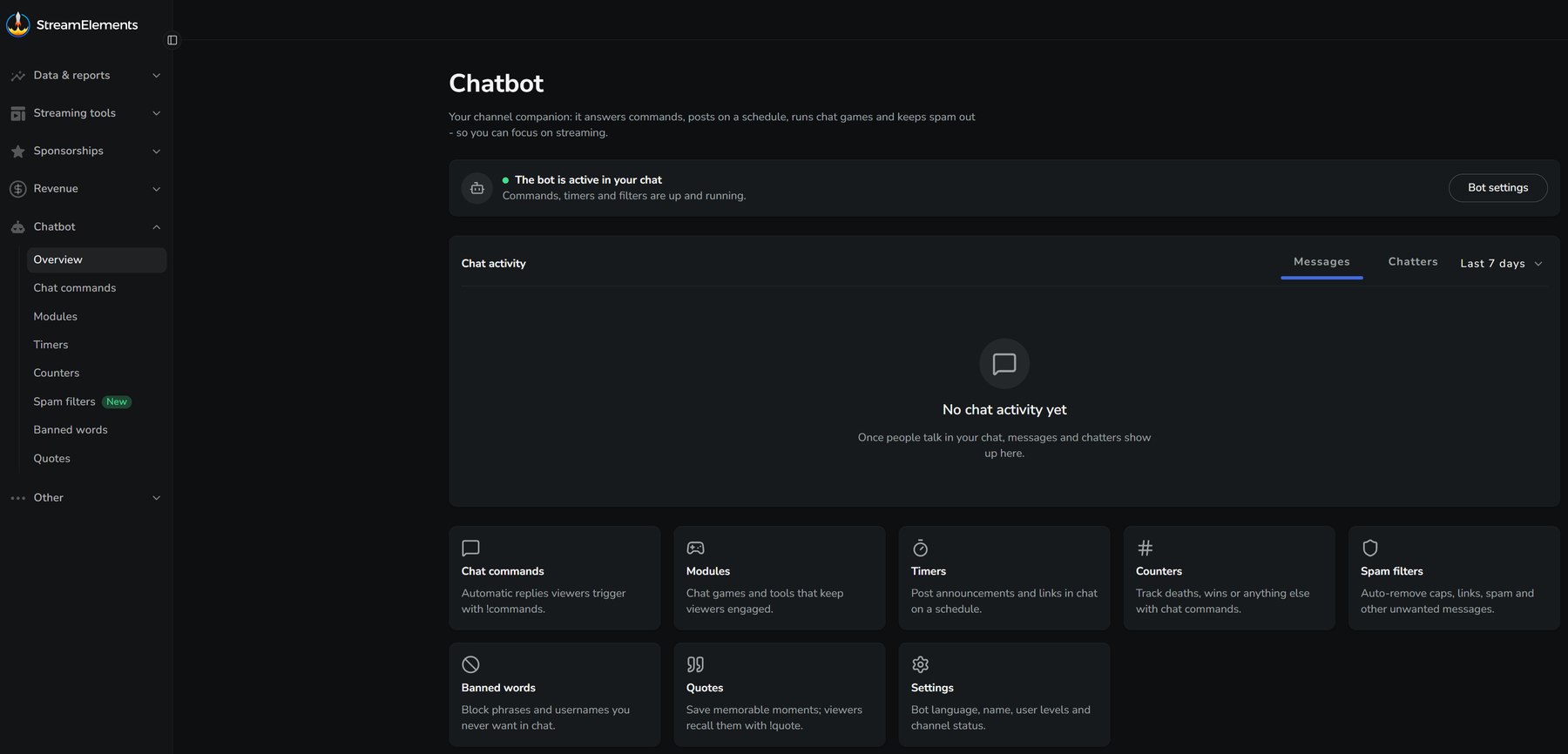 Chatbot overview with commands, timers, counters, and spam filters