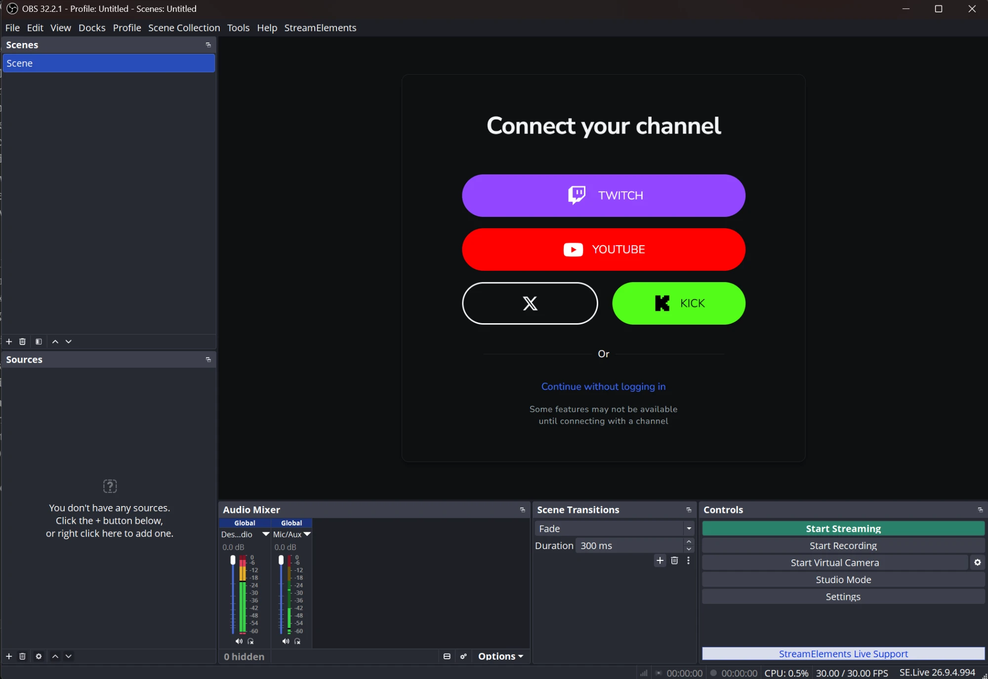 SE.Live channel sign-in options in OBS