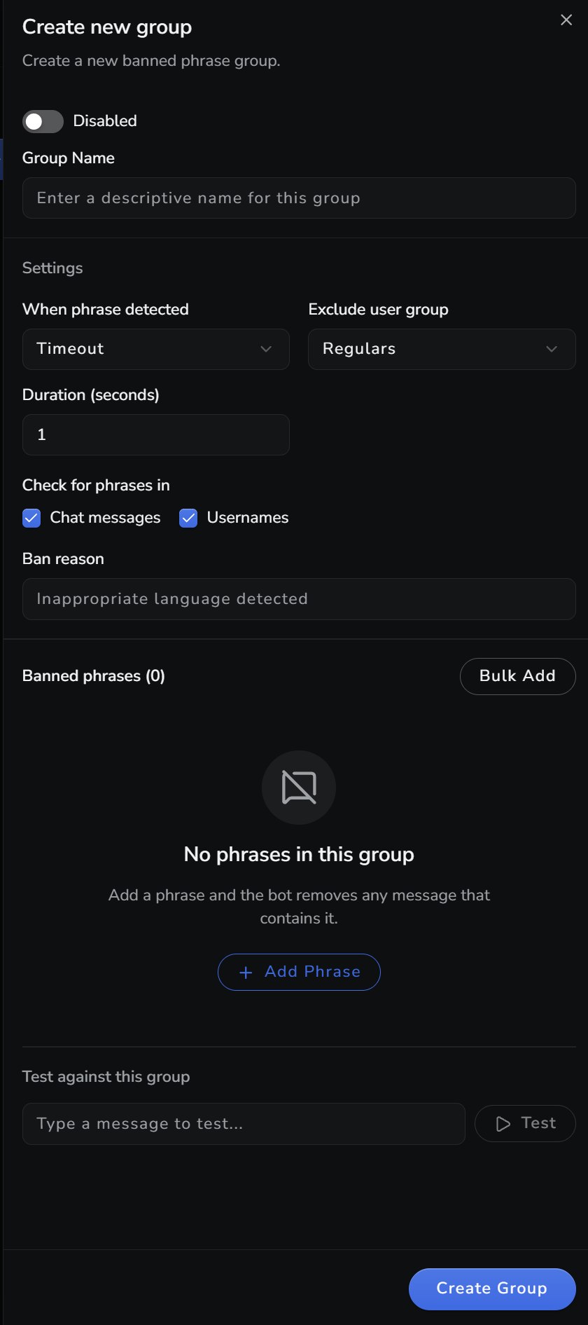 New banned-phrase group with timeout and exclusion settings