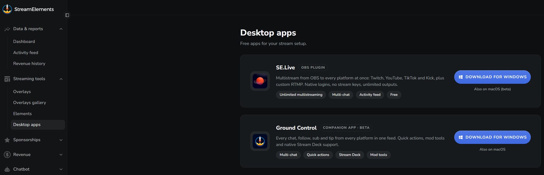 Desktop Apps page with the SE.Live download
