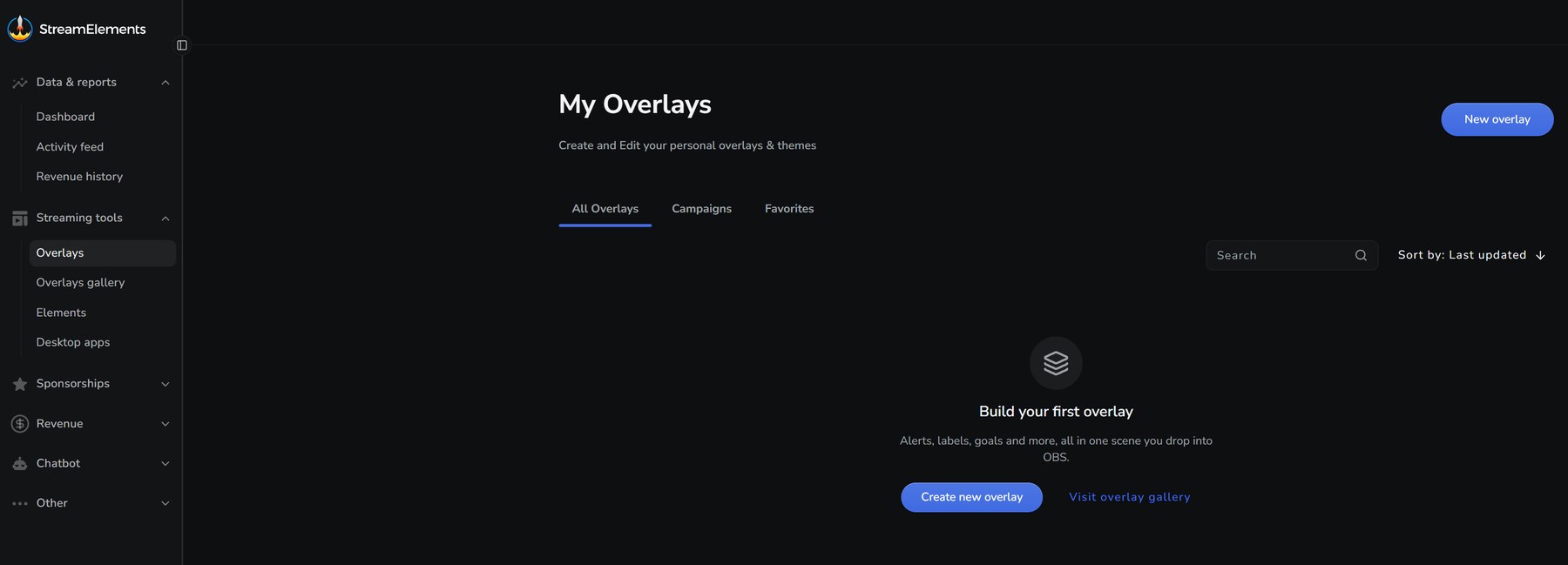Empty My Overlays page with the New overlay button