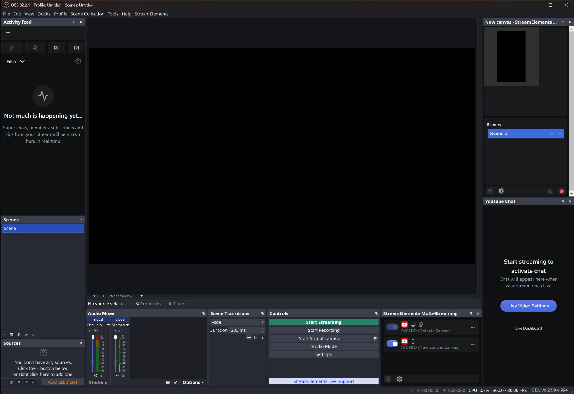 OBS preview surrounded by Activity Feed, Canvas, Multi-Streaming, and YouTube Chat docks