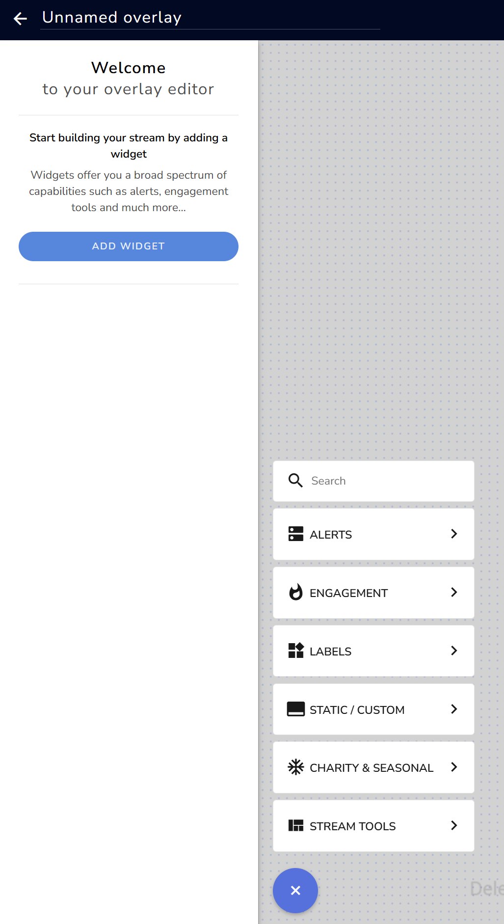 Overlay editor with the widget picker open