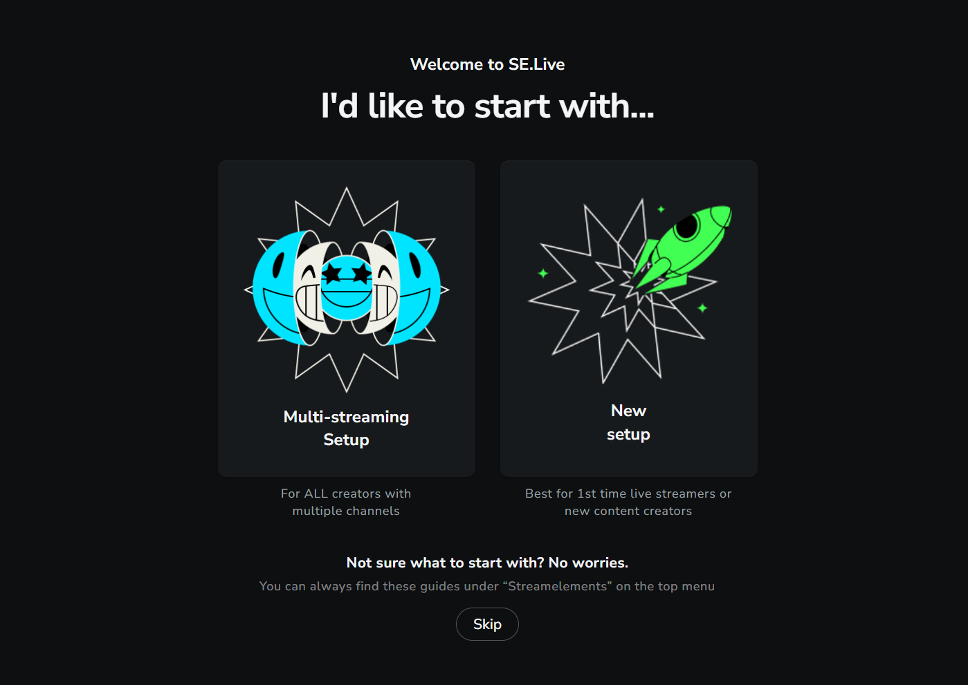 SE.Live welcome screen with New setup and Multi-streaming Setup options