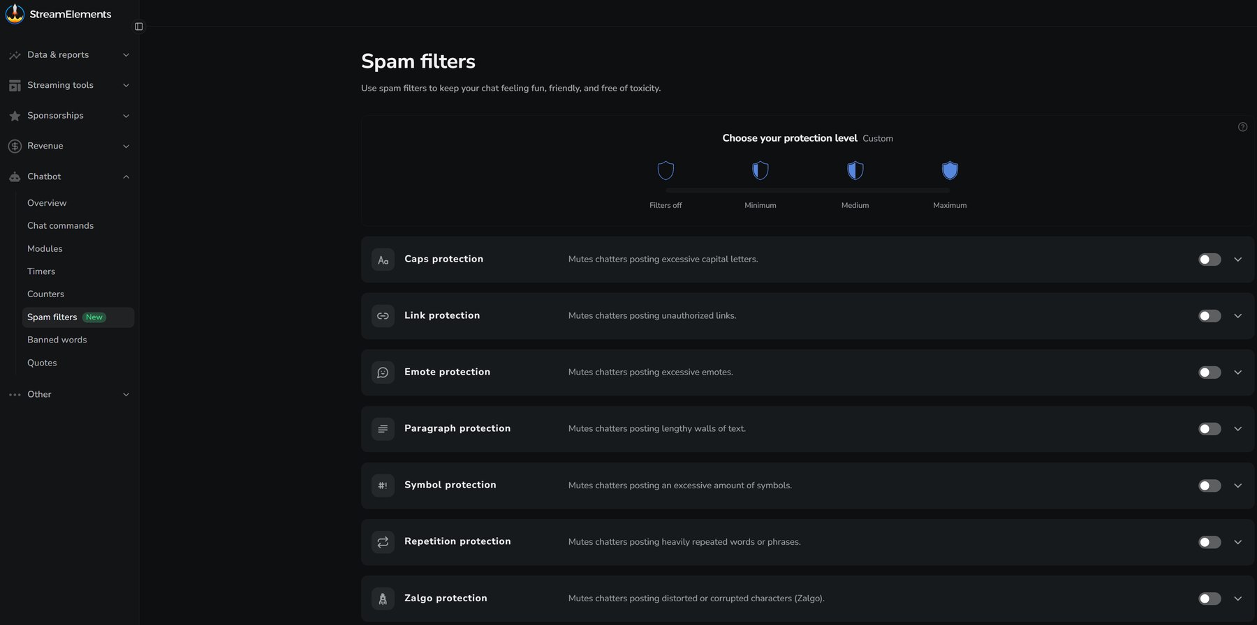 Spam filters and protection level settings