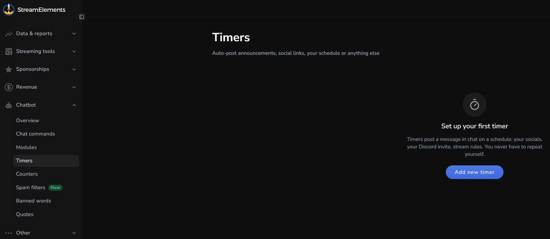 Empty Timers page with the Add new timer button