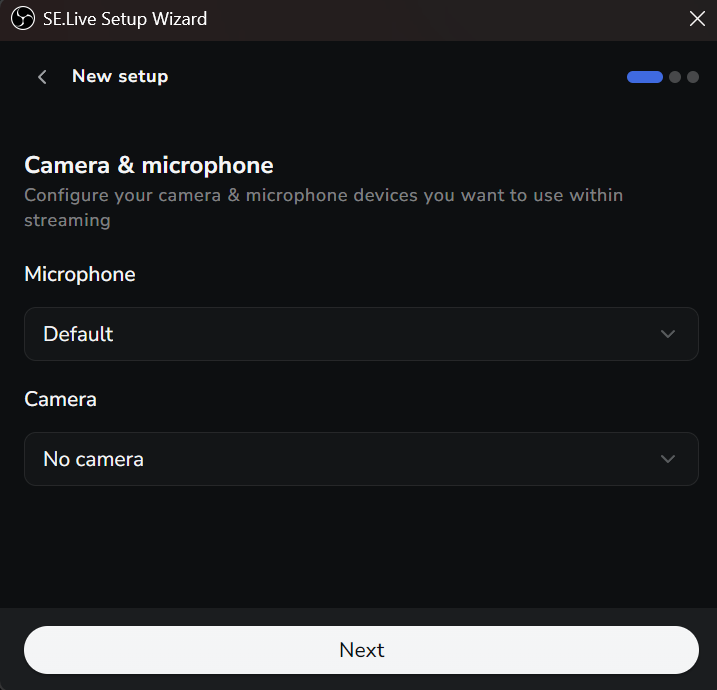 Microphone and camera selection in the setup wizard